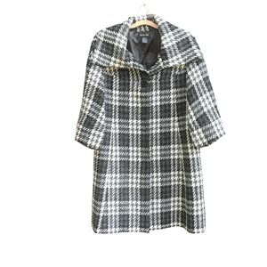 Focus 2000 Coat‎ Womens 8 Black White Plaid 3/4 Sleeve A-Line Oversized Collar